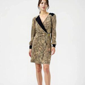 NWT Trina Turk Black Beige Tan Geometric Animal Silk Faux Wrap Sheath Dress 8